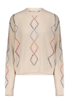 Minnie Rose Cable Corded Fringe Pullover - White Combo