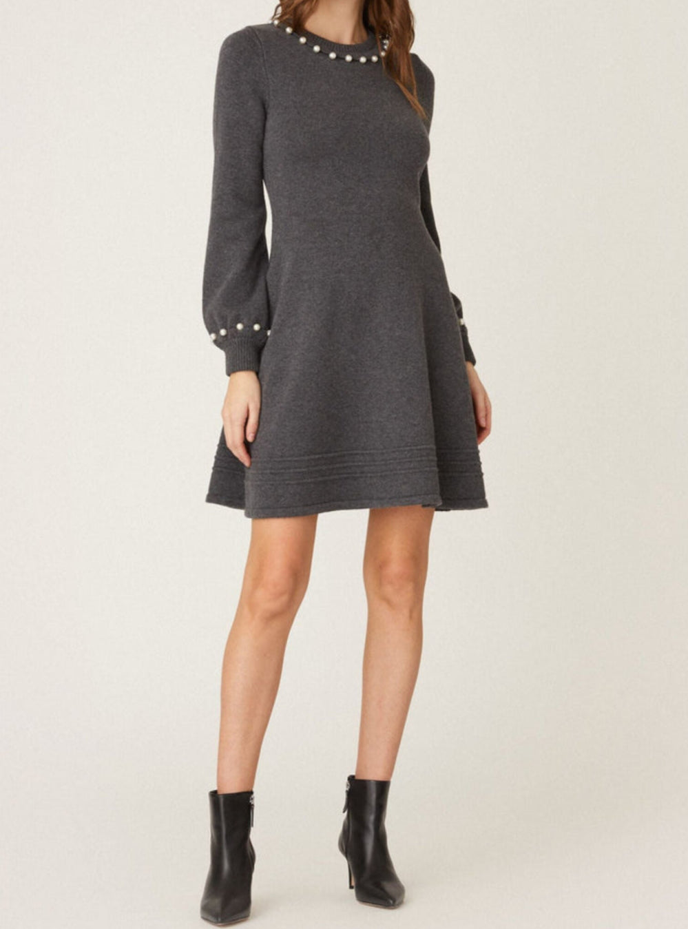 Shoshanna Charity Faux Pearl-Trim Mini Sweater Dress  - Heather