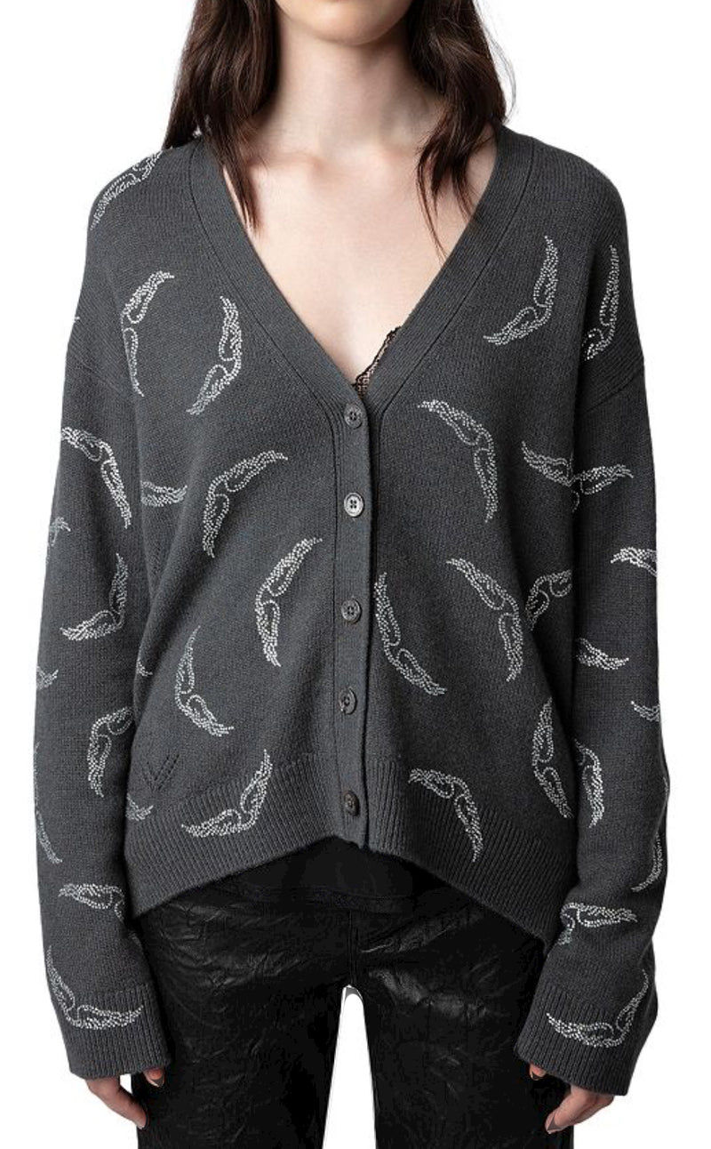 Zadig & Voltaire Mirka Wings Rhinestone Embellished Cashmere Cardigan - Ardoise Grey