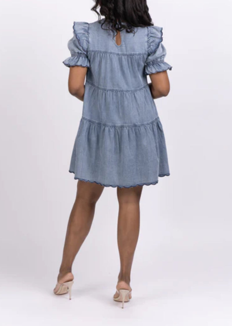 Stellah Washed Denim Puff-Sleeve Tiered Mini Dress - Denim