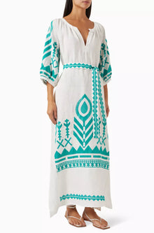 Greek Archaic Kori Feather Belted Maxi Dress - White/Emerald