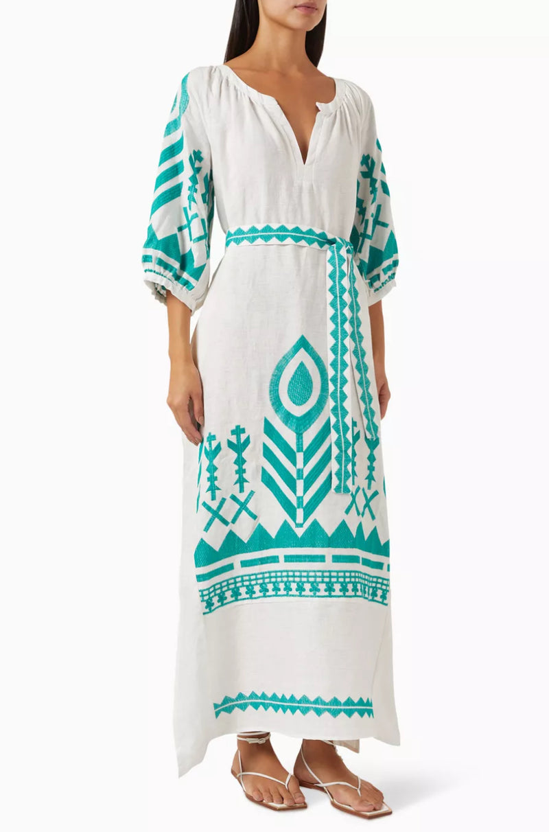 Greek Archaic Kori Feather Belted Maxi Dress - White/Emerald