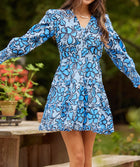 Sail to Sable Fall Floral Long Sleeve Smocked Waist Dress - Omphalodes/Blue