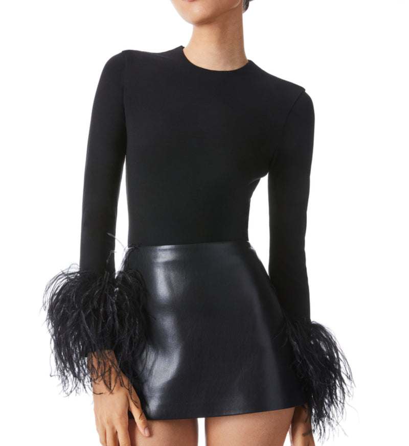 Alice + Olivia Delaina Feather Cuff Sleeve Top - Black