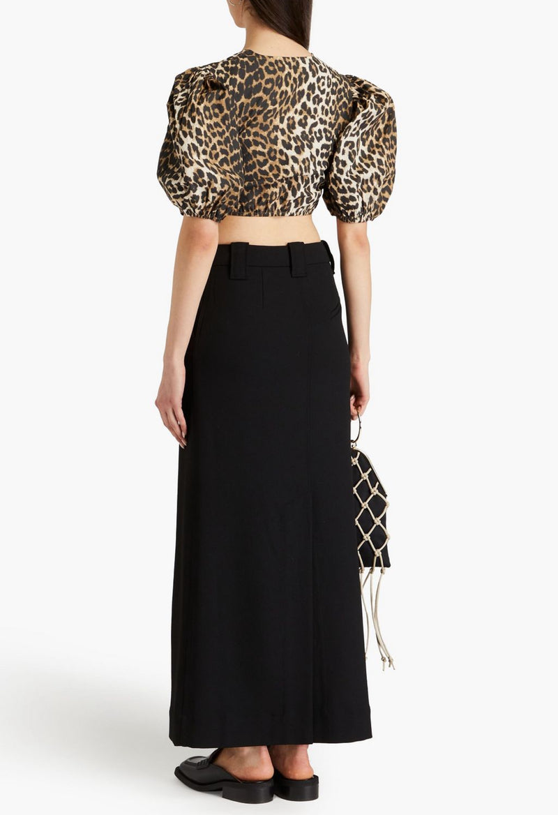 GANNI Printed Cotton Zipper Blouse - Big Leopard Almond Milk