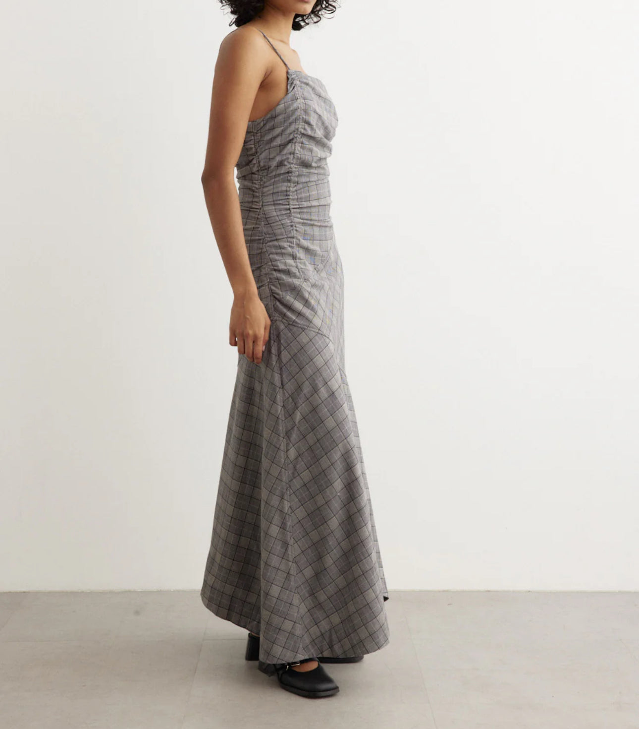 GANNI Check Mix Ruched Long Slip Dress - Frost Grey