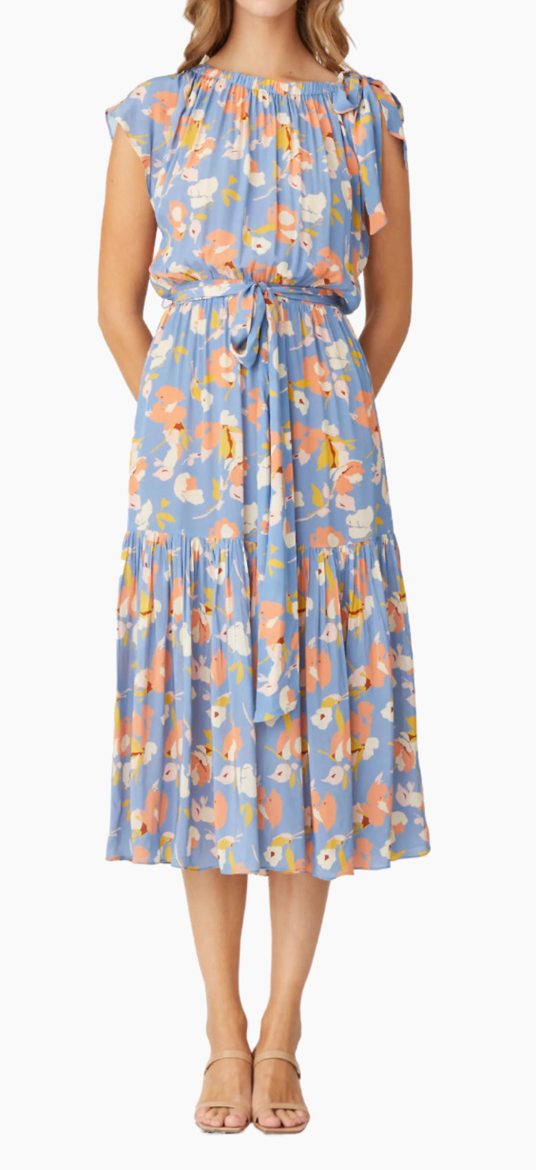 Shoshanna Peony Floral Tiered Midi Dress - Slate Blue Multi