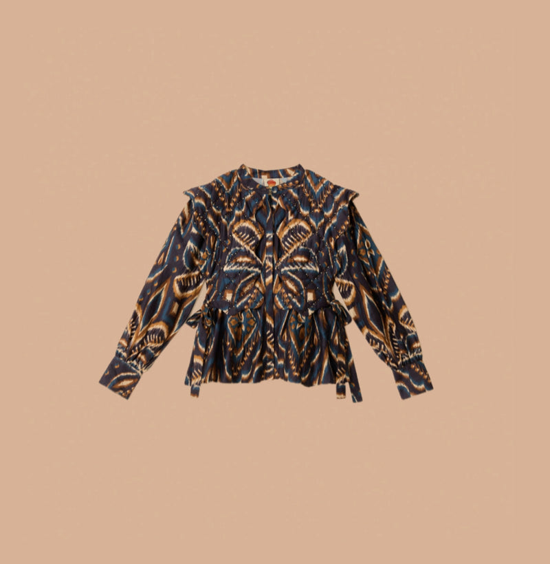 Farm Rio Blue Pineapple Ikat Long Sleeve Matelasse Blouse