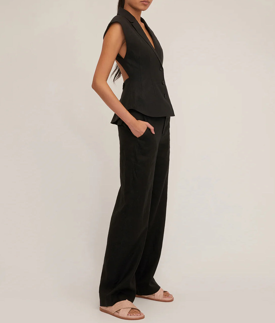 Marissa Webb Theo Linen Double Waist Trouser - Black