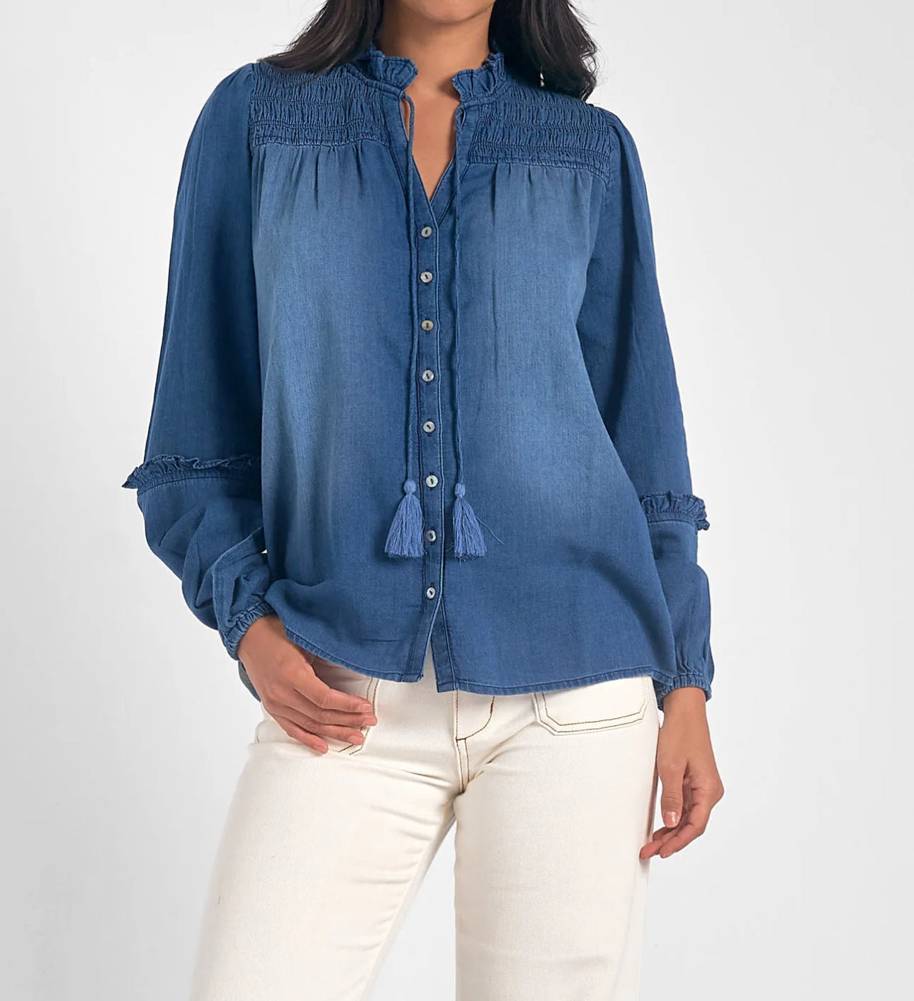 Elan Ruched Denim Tassel Top