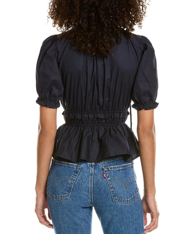 Moon River Shirred Ruffle Top - Navy