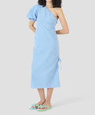 Rosie Assoulin One Shoulder Puff Sleeve Dress - Blue Seersucker Gingham