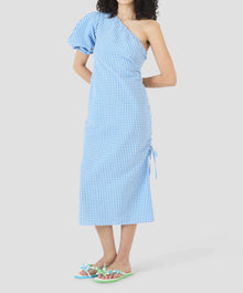 Rosie Assoulin One Shoulder Puff Sleeve Dress - Blue Seersucker Gingham