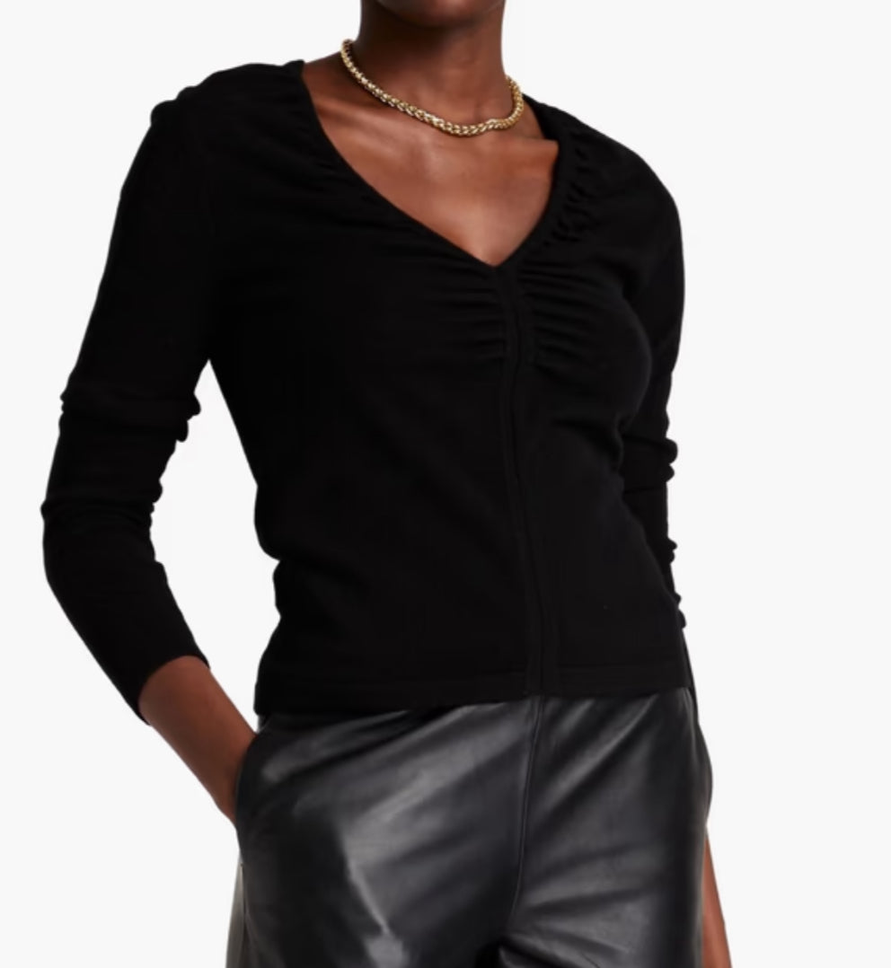 Autumn Cashmere Ruched Slim V Neck Sweater - Black