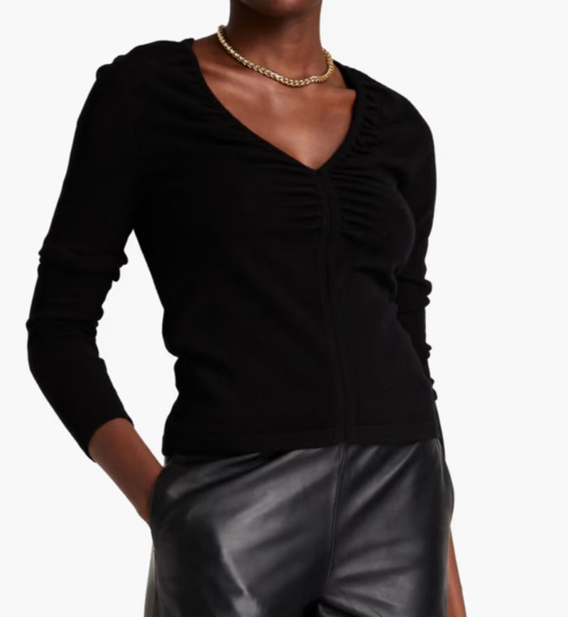 Autumn Cashmere Ruched Slim V Neck Sweater - Black