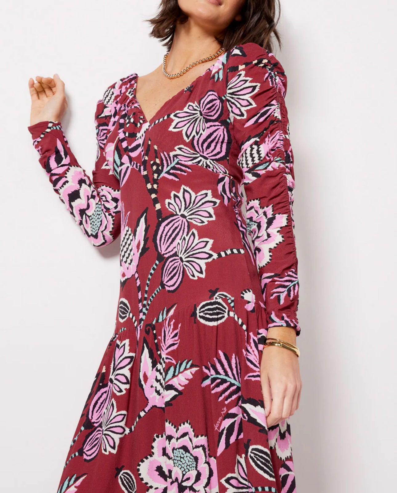 Farm Rio Pineapple Inspiration V Neck Maxi Dress - Burgundy