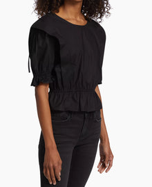 Frame Cotton Cinched Shoulder Tie Blouse - Black