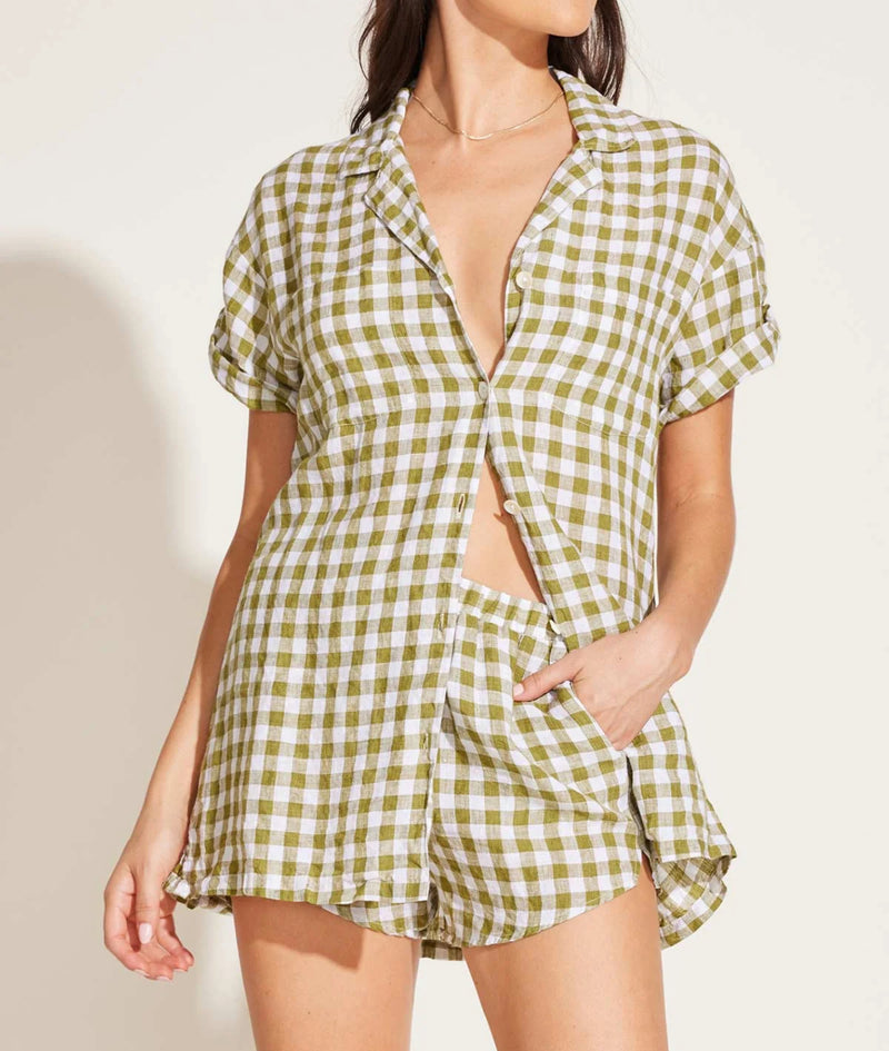 Vitamin A Playa Pocket Blouse - Avocado Gingham EcoLinen