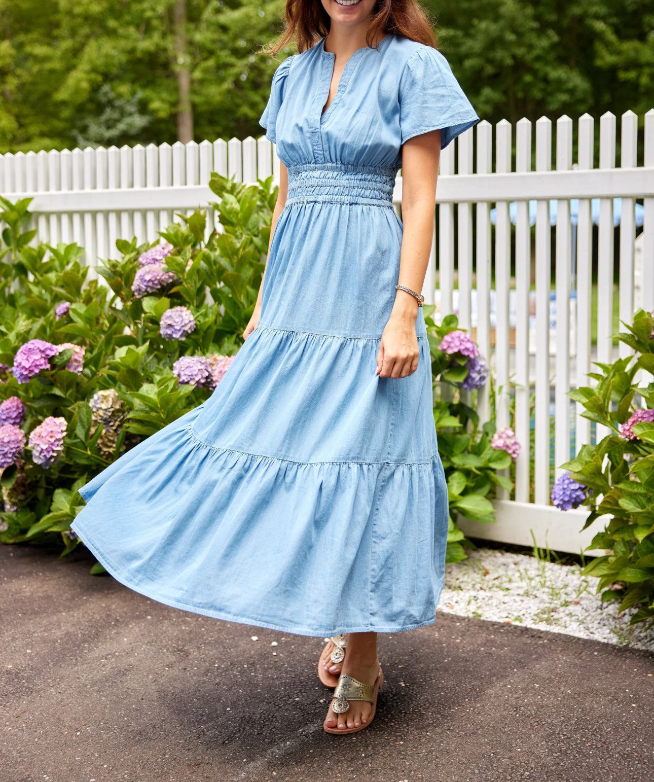 Sail To Sable Chambray Cinched Waist Midi Dress