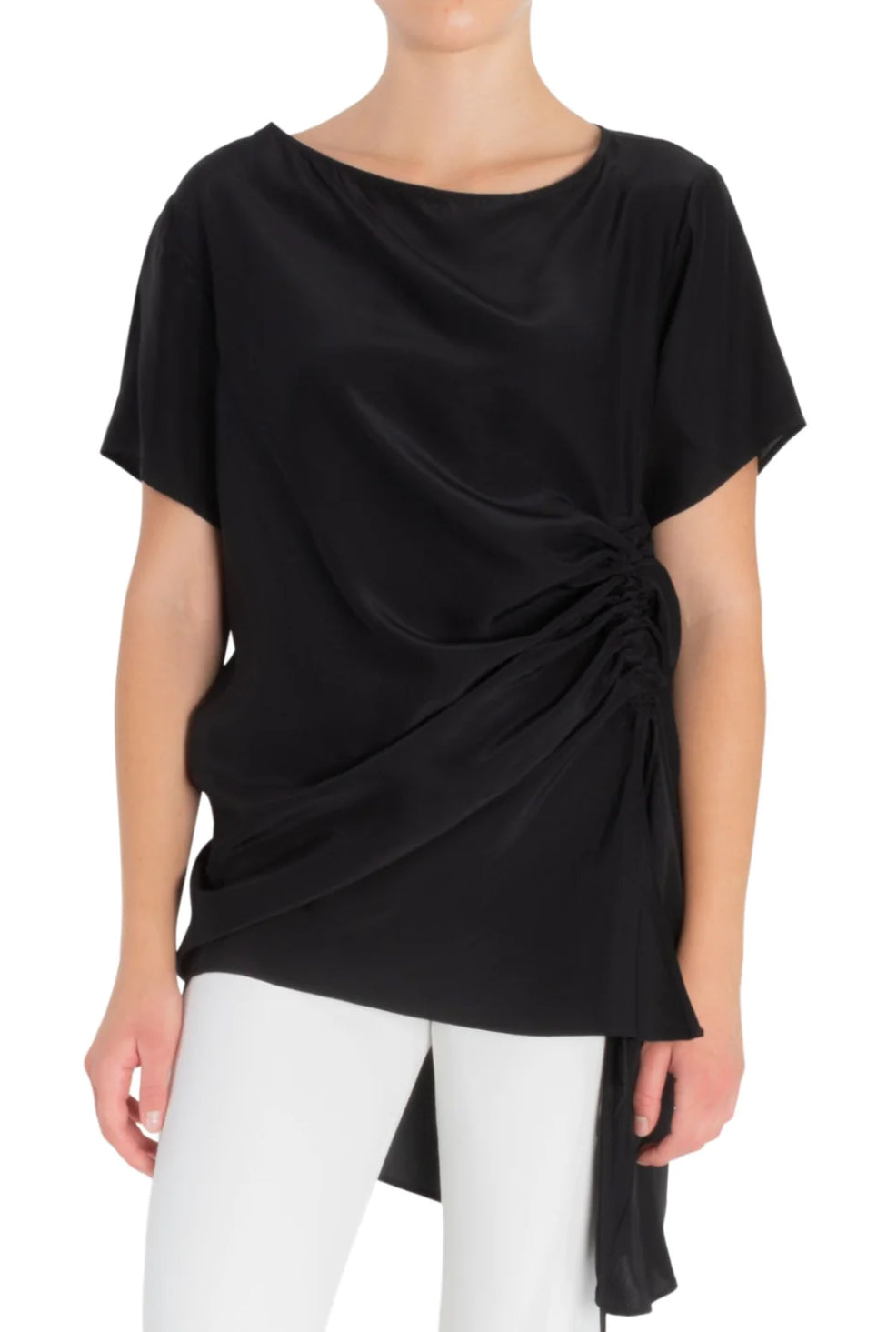 Elaine Kim Silk Torry Long Tee W/ Drawstrings - Black