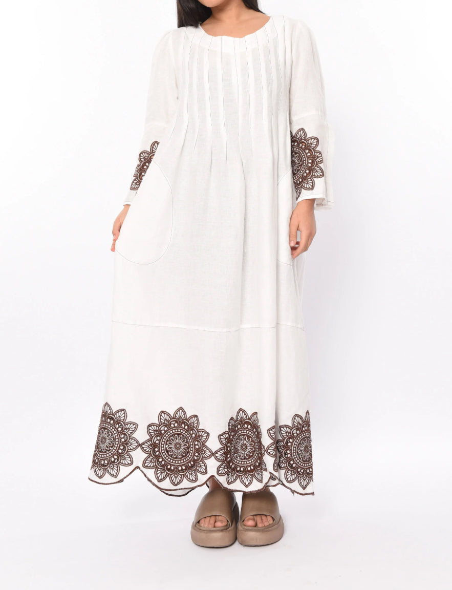 Greek Archaic Kori Embroidered Linen Dress - White