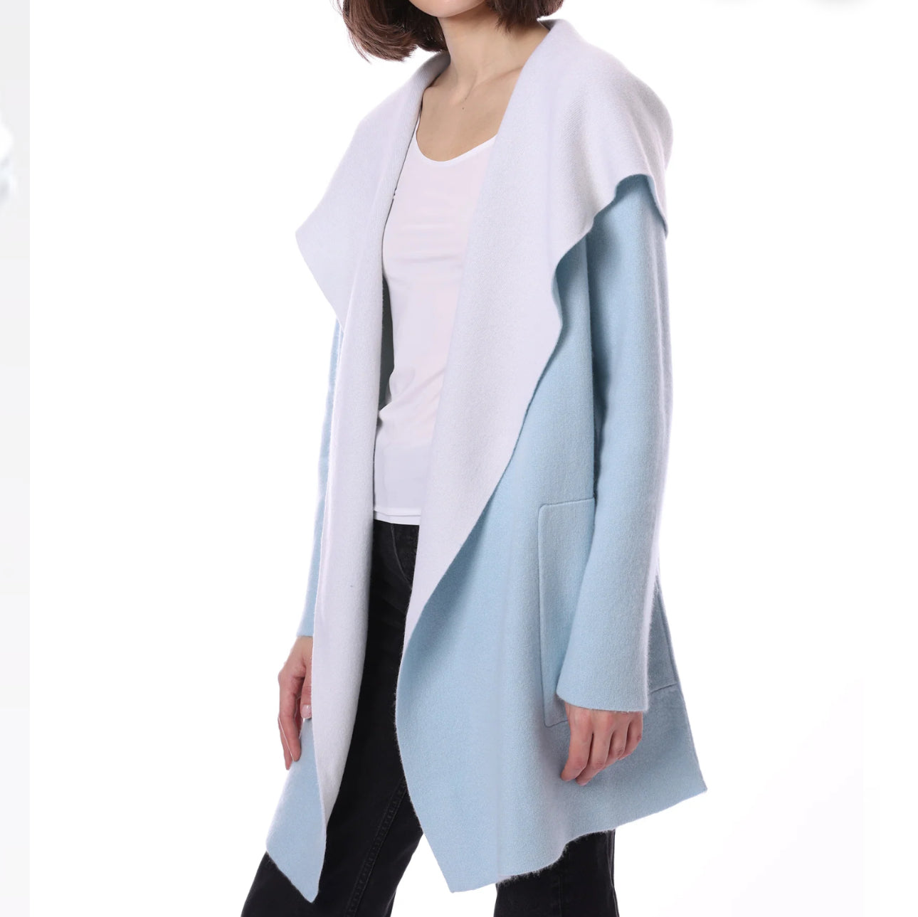 Minnie Rose Cashmere Hooded Reversible Coat - Baby Blue/White