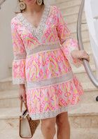 Sail To Sable Pink Ikat Bell Sleeve Dress with Lace