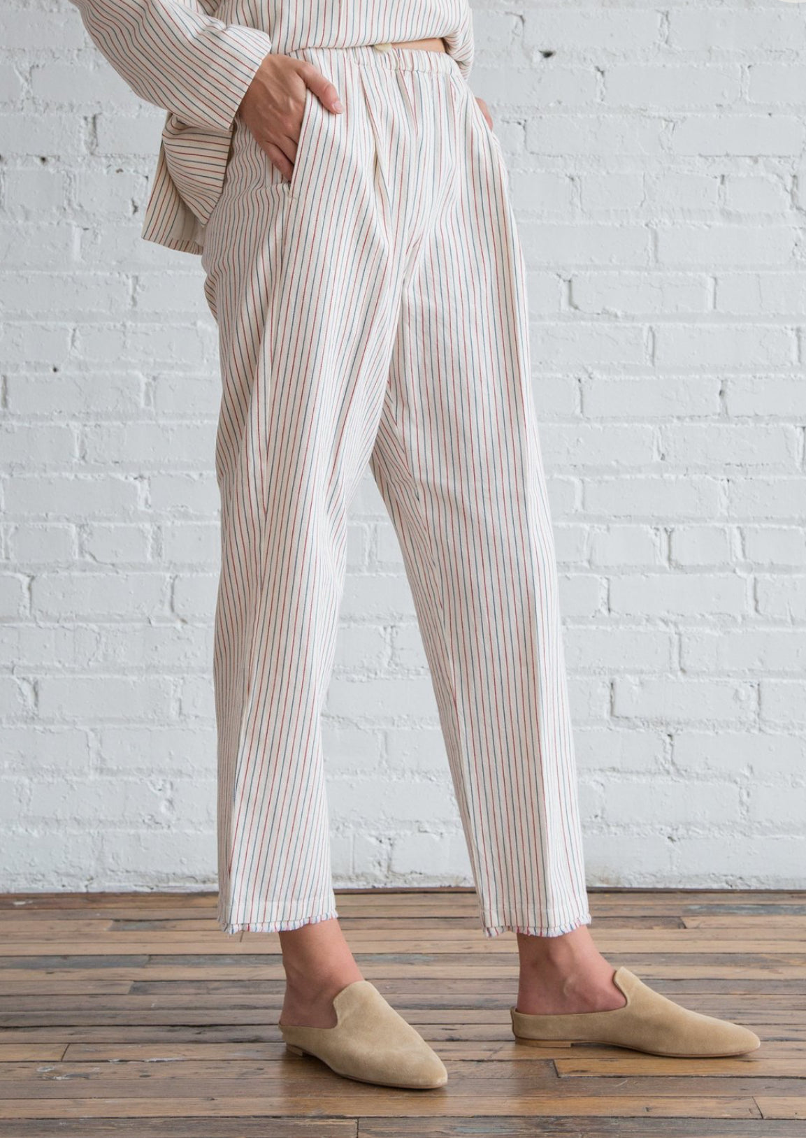 Raquel Allegra Cotton Tickling Stripe High Waist Slim Pant