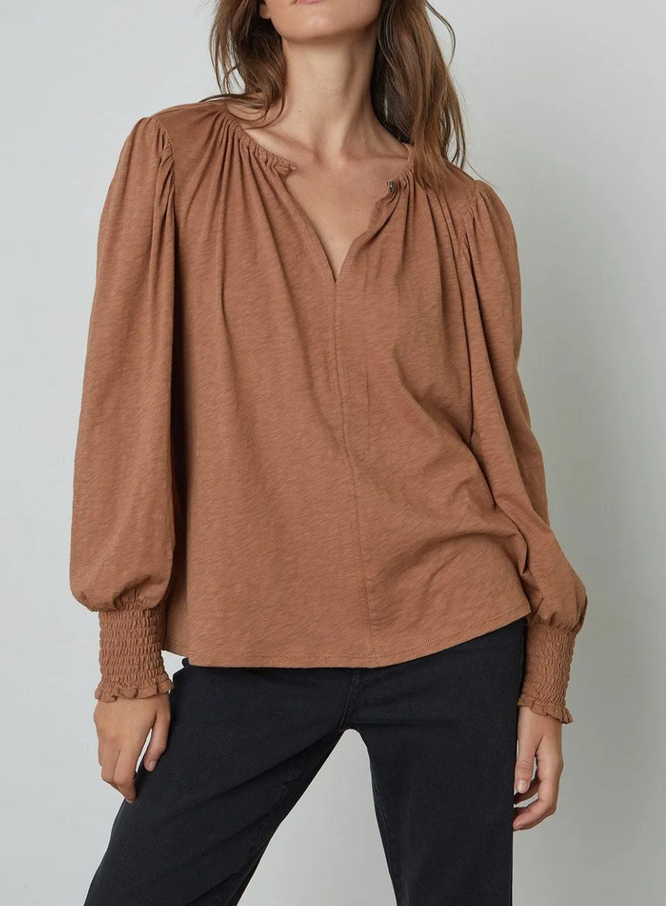 Velvet by Graham & Spencer Irina Split Neck Tee - Camel