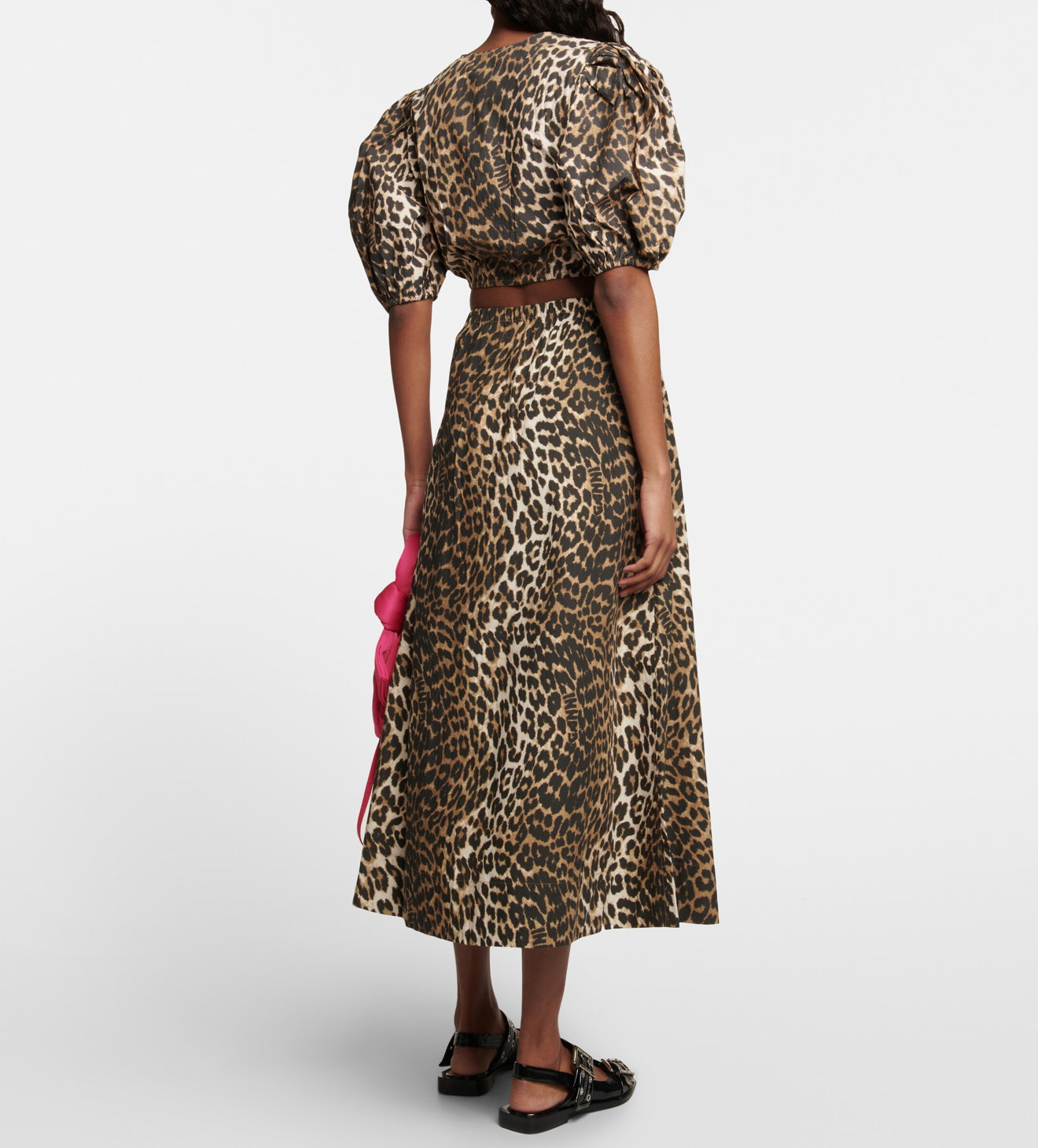 GANNI Printed Cotton Zipper Blouse - Big Leopard Almond Milk