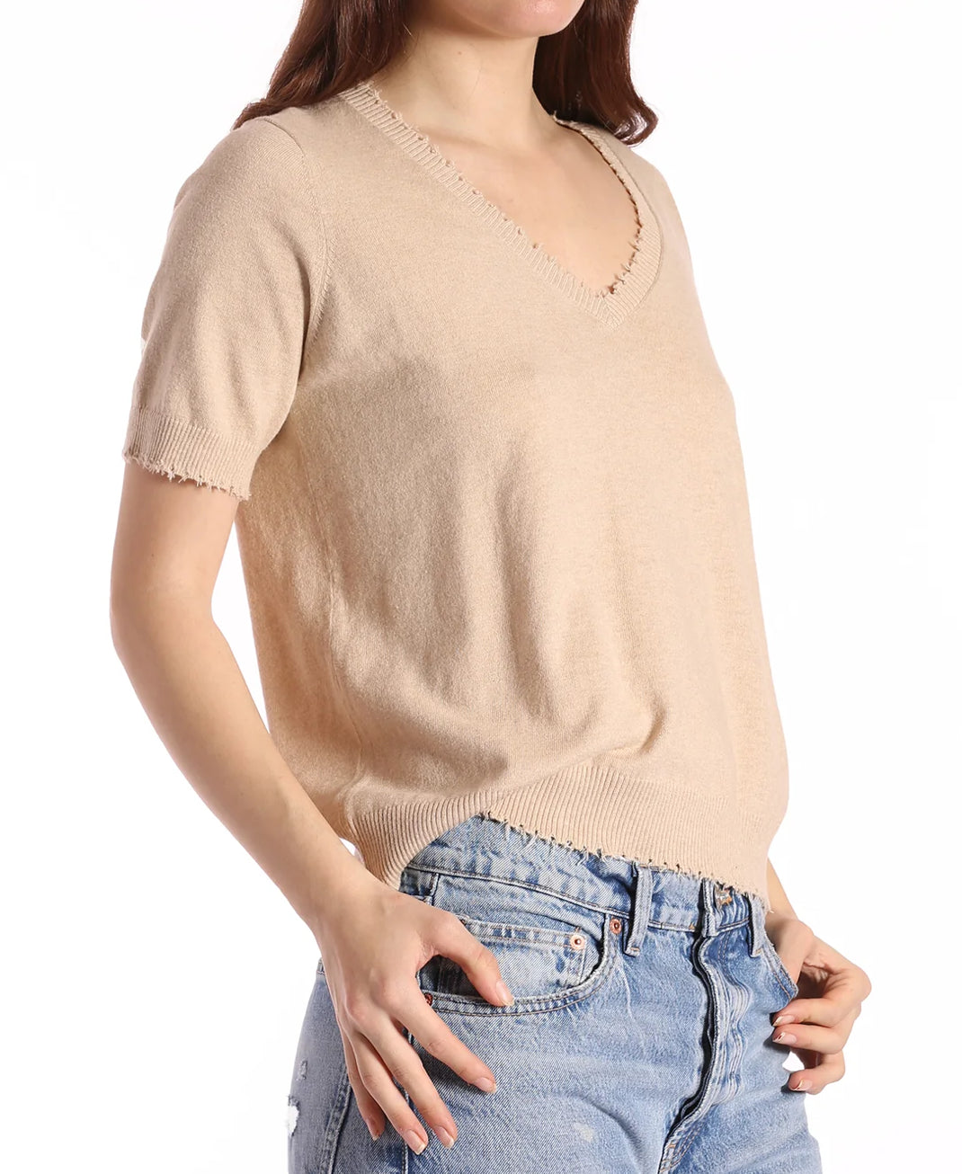 Minnie Rose Cotton Cashmere Frayed V Neck Tee - Brown Sugar