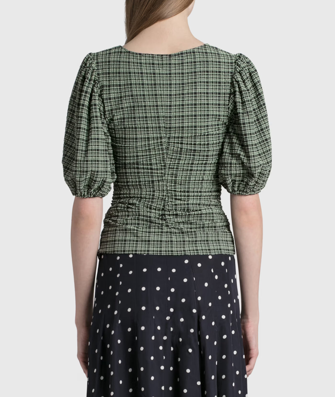 GANNI Seersucker V-Neck Blouse - Mini Check Green Bay