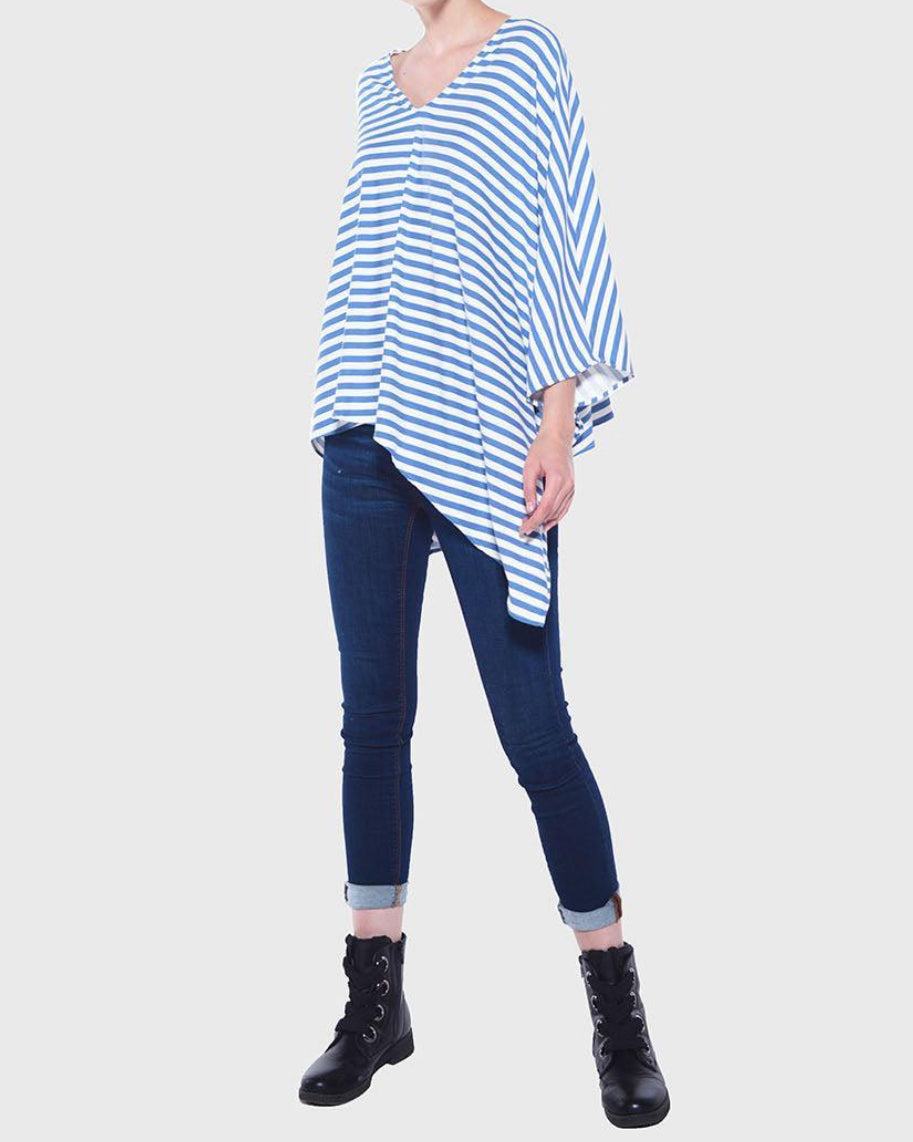 Yana K Poncho Double Edge Stripe V-Neck Top - Denim