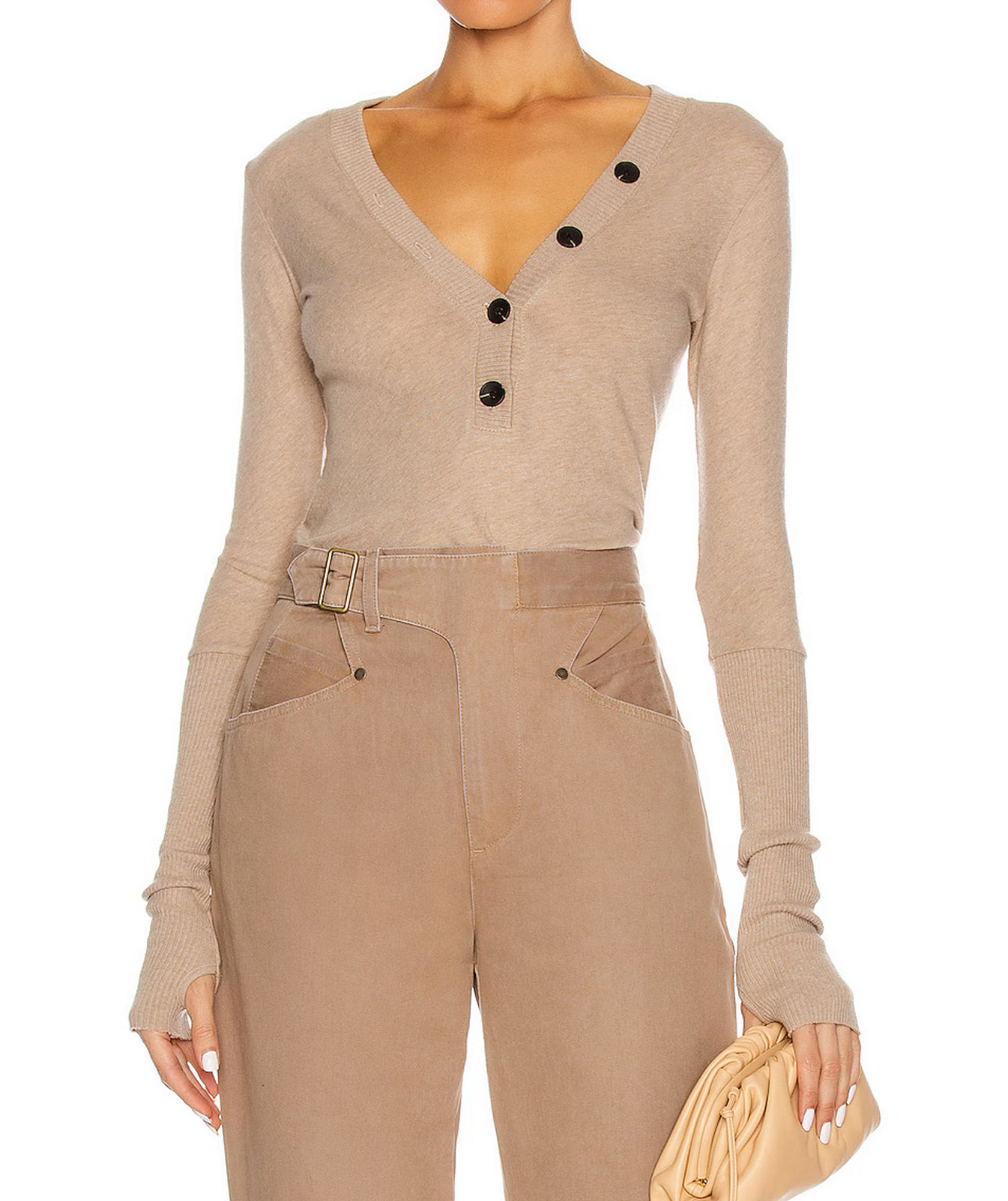 Enza Costa Cashmere Long Sleeve Cuffed Henley Top - Beige