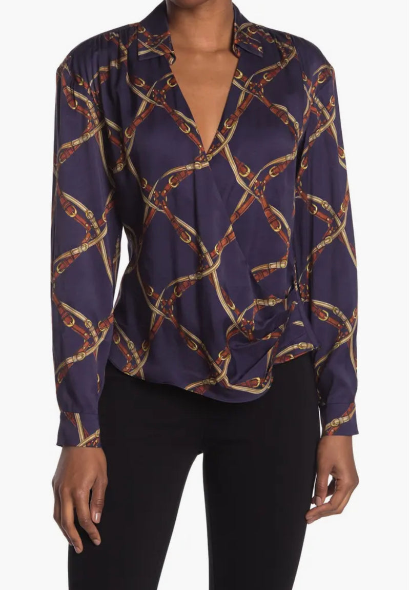 Jonathan Simkhai Satin Long Sleeve Wrap Blouse - Saddle Print