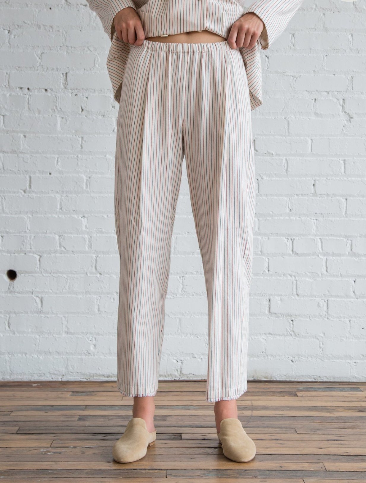 Raquel Allegra Cotton Tickling Stripe High Waist Slim Pant