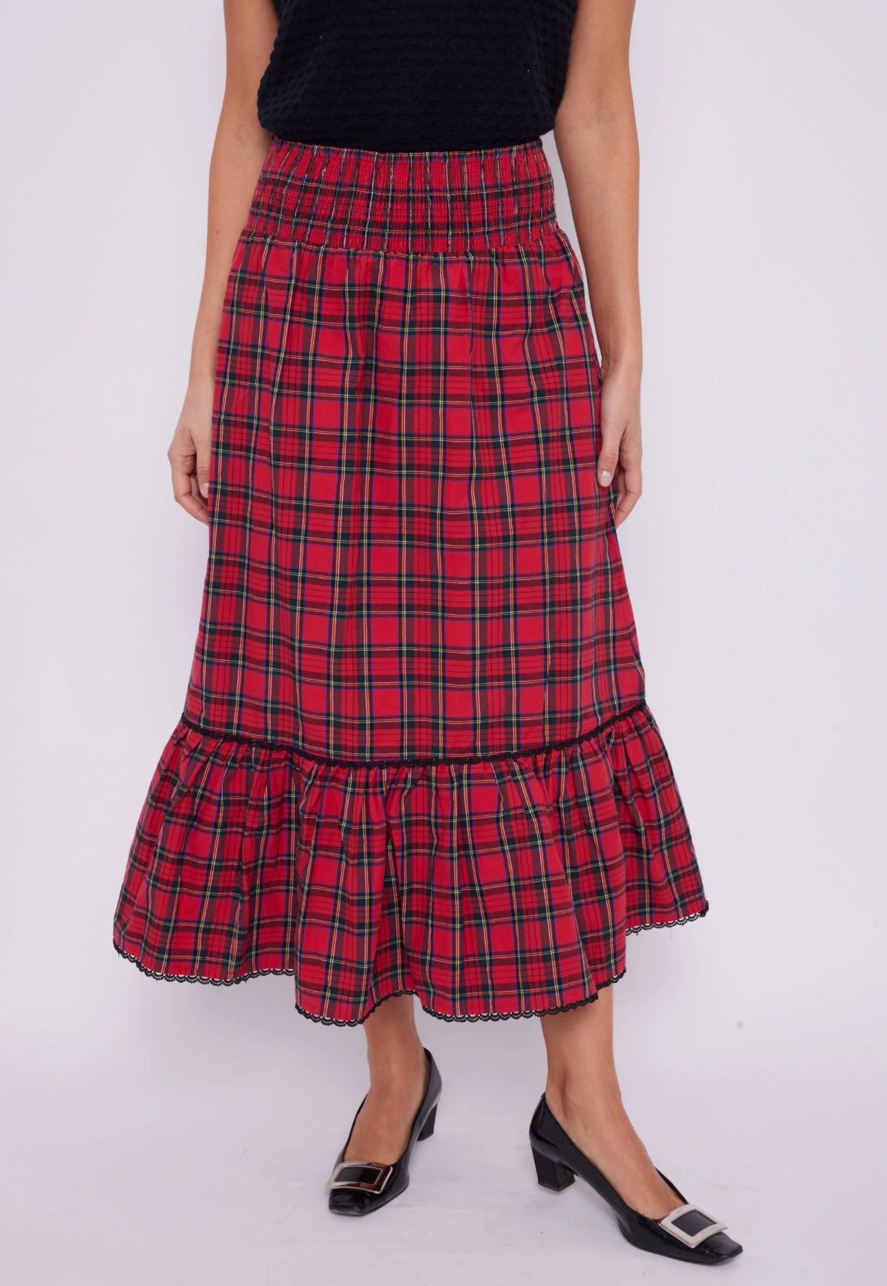 Sail To Sable Red Tartan Smocked Waist Midi Skirt