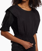 Frame Cotton Cinched Shoulder Tie Blouse - Black