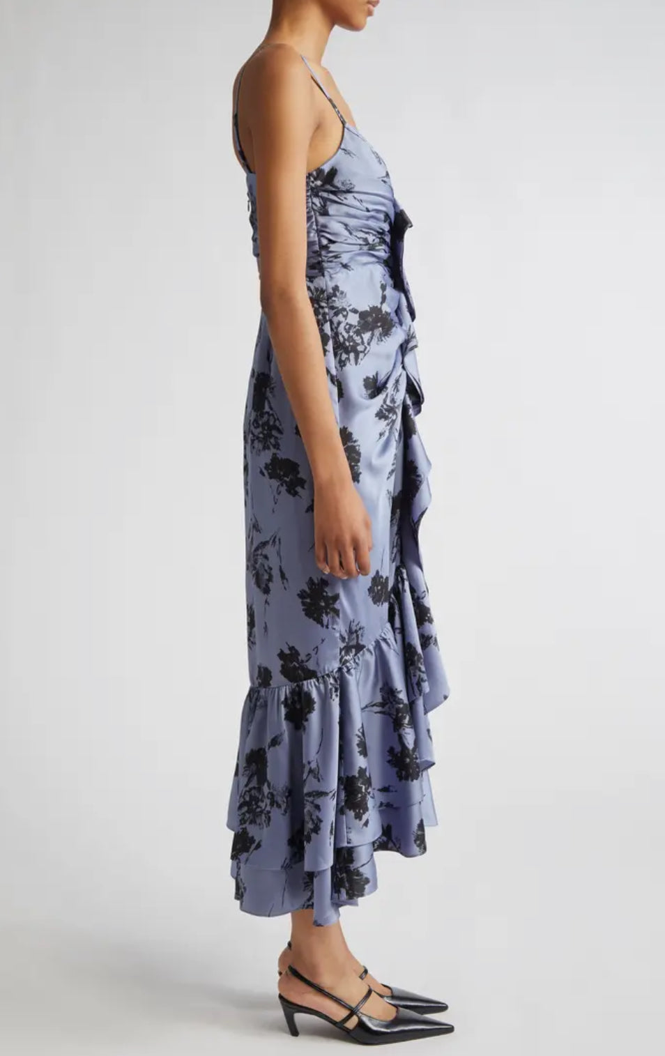 Cinq à Sept Akemi Cool Carnation Ruffle Detail Satin Dress - Rustic Blue Multi