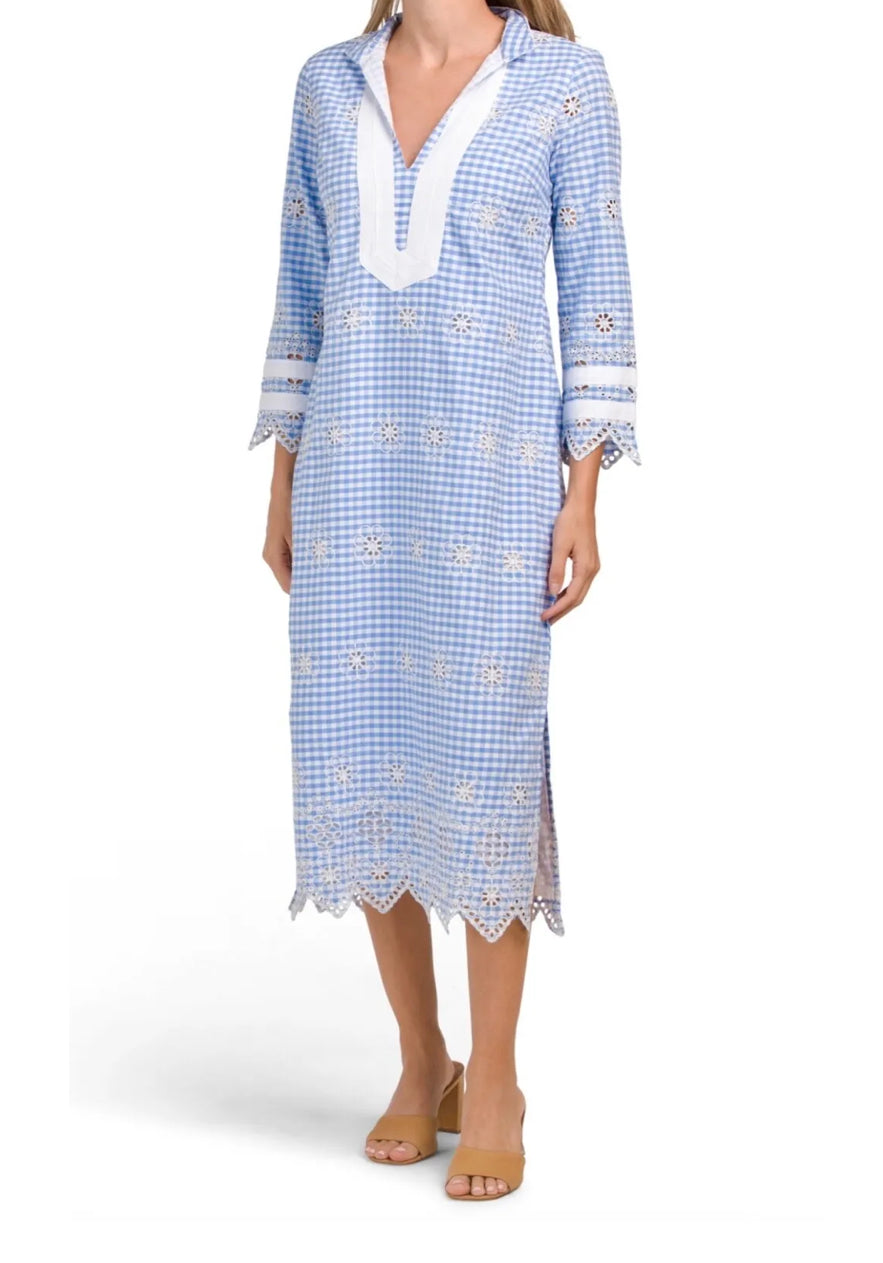 Sail to Sable Long Sleeve Gingham Tunic Dress - Blue