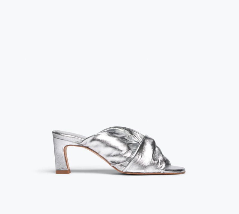 Frēda Salvador Valentina Ruched Mid-Heel Sandal - Silver Calf