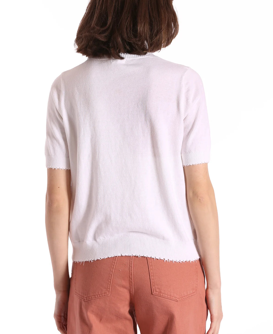 Minnie Rose Cotton Cashmere Boxy Frayed Tee - White