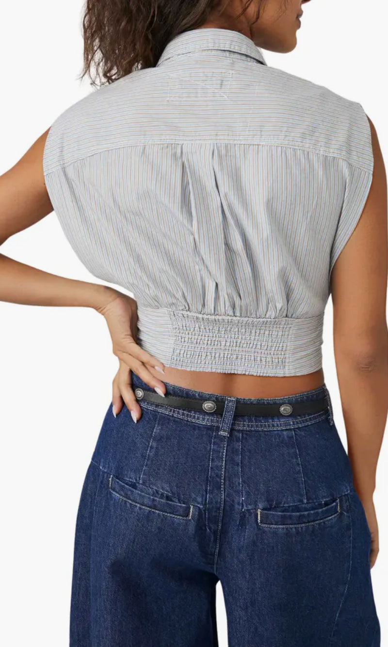 Free People Cassie Stripe Sleeveless Crop Shirt - Ivory Combo