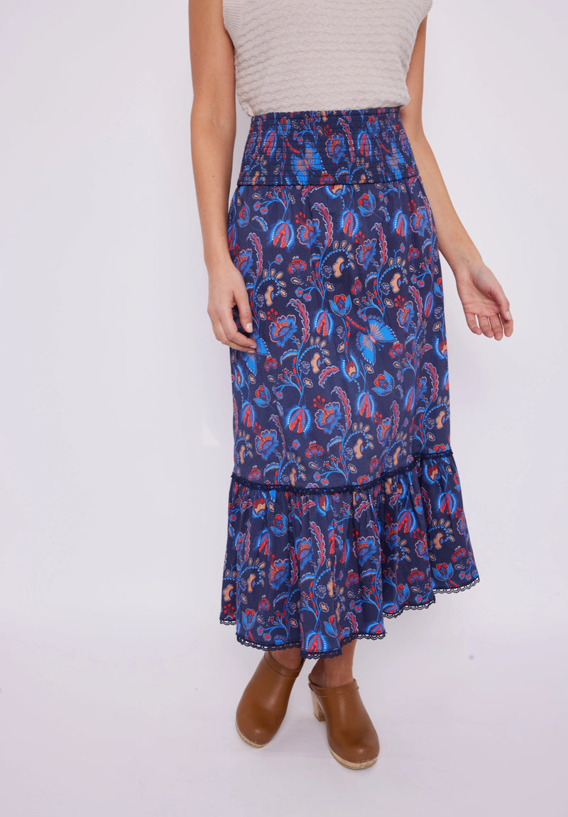 Sail To Sable Aztec Floral Smocked Waist Midi Skirt