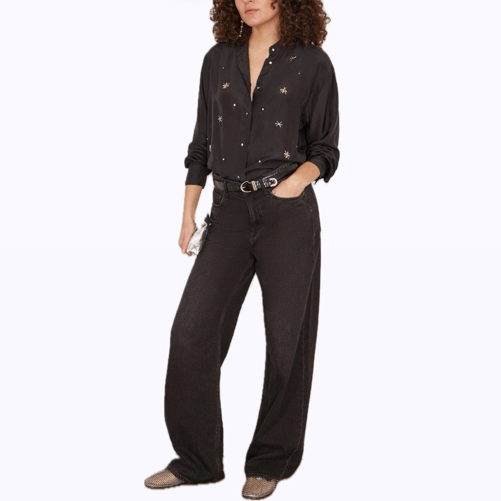forte_forte Silk Habotai Grandfather Shirt with Crystals - Black