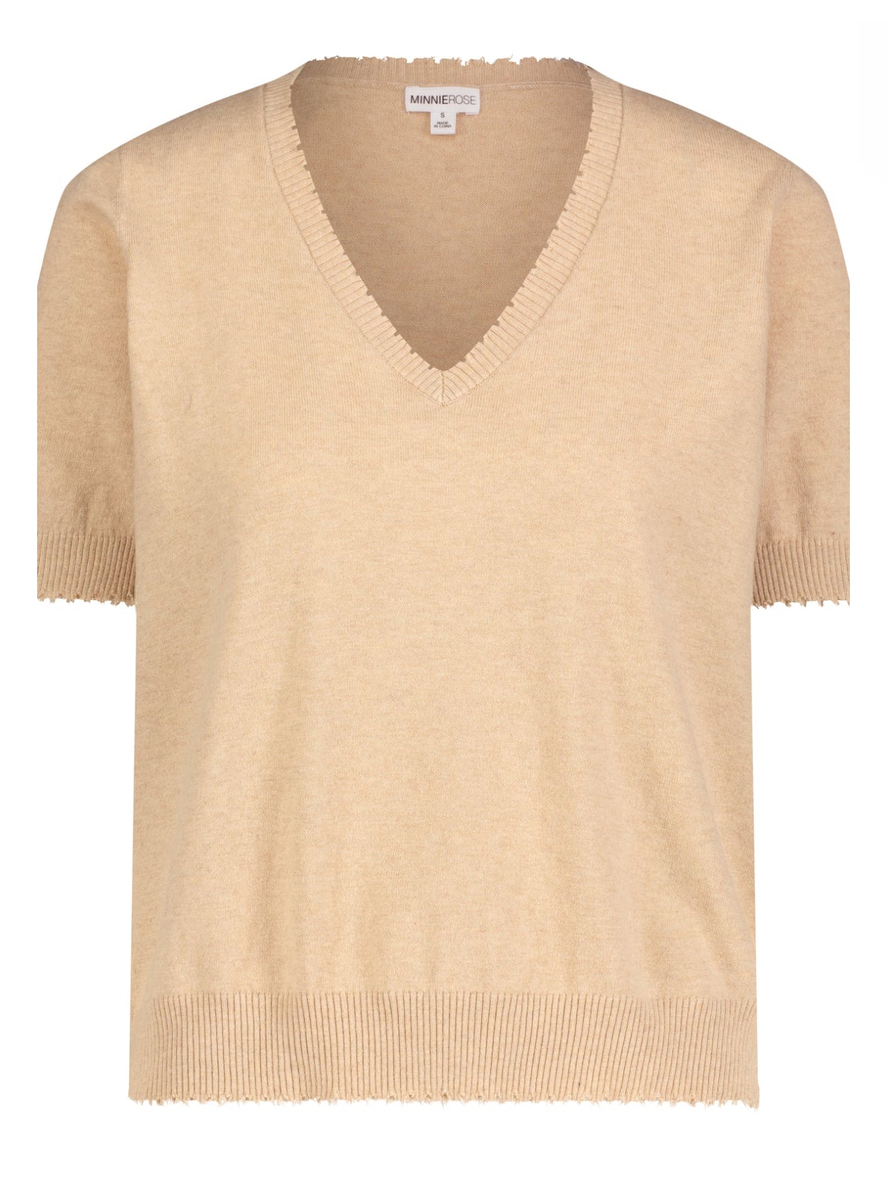 Minnie Rose Cotton Cashmere Frayed V Neck Tee - Brown Sugar