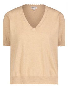 Minnie Rose Cotton Cashmere Frayed V Neck Tee - Brown Sugar