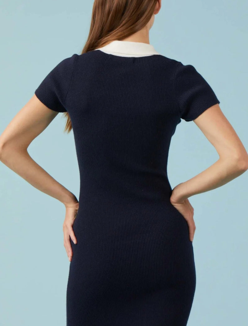 Sophie Rue Collared Rib Knit Dress - Navy/White