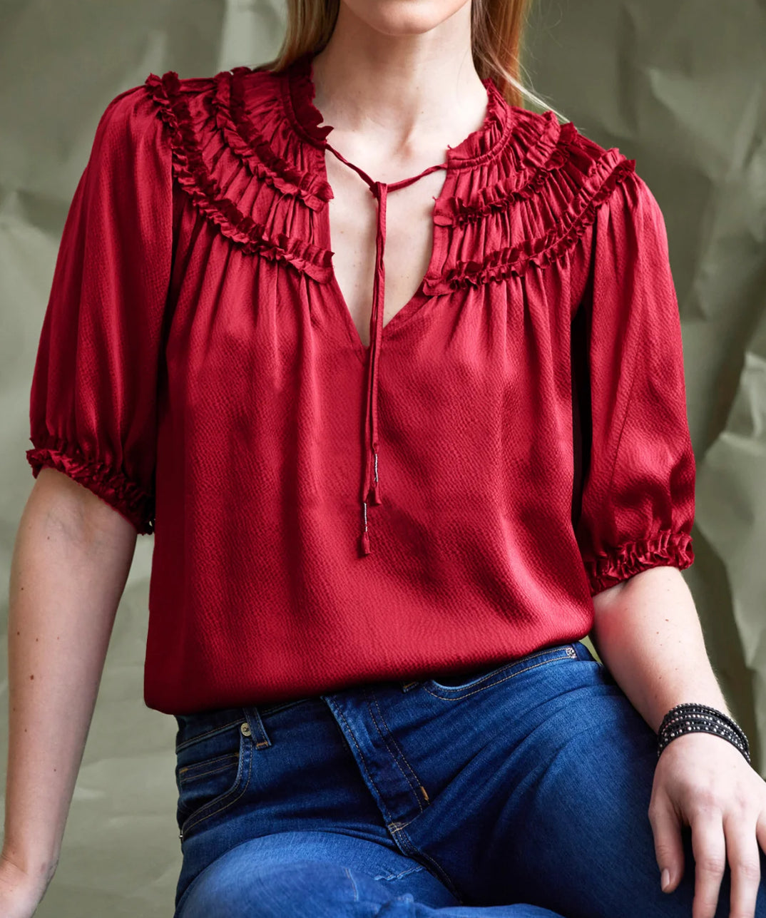 go BY GOSILK Frilled Top Bits Top - Sangria