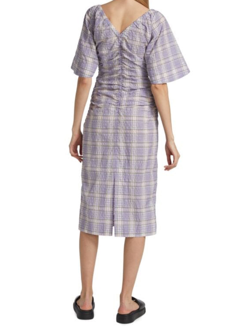 GANNI Seersucker Check V-Neck Midi-Dress - Persian Violet